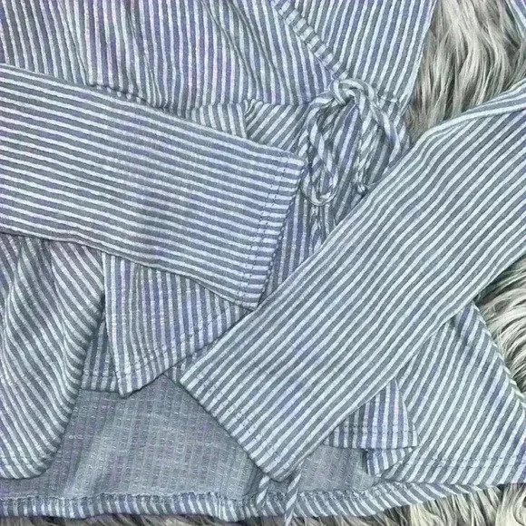 Caution To The Wind Long Sleeve Blue Stripe Wrap Top W/ Tie Waist, - Picture 6 of 8